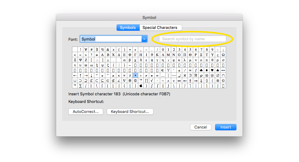 Symbol dialogue box in Microsoft Word with suggested Search field at top right for easier searching by name