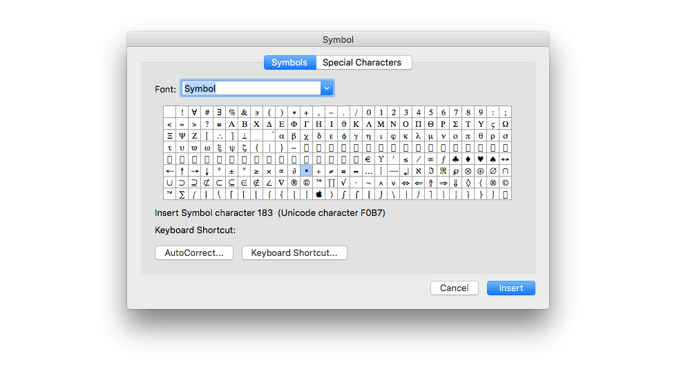 Symbol dialog box in Microsoft Word